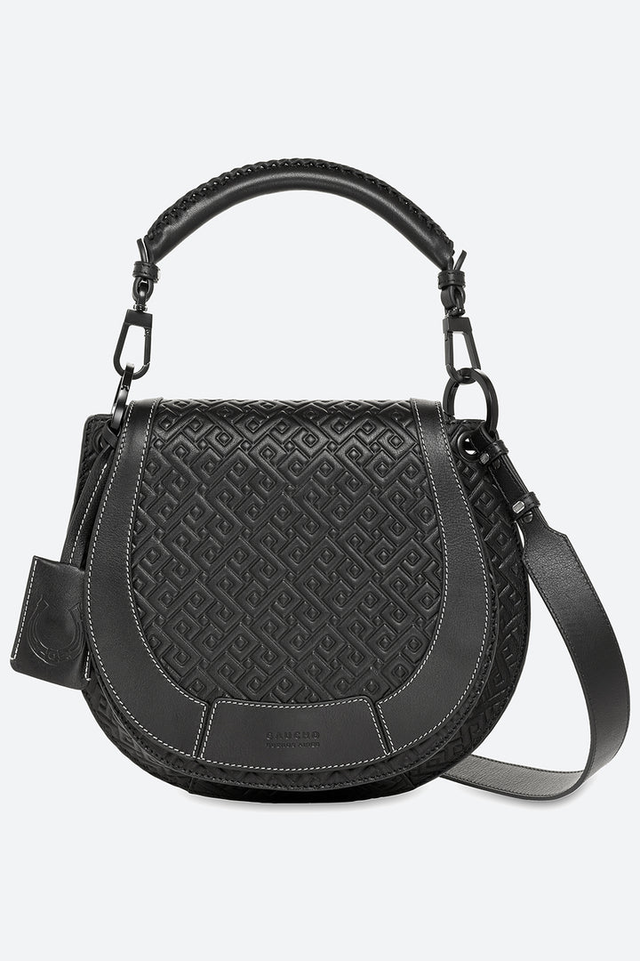 The Lucky Bag, Embossed Leather Saddle Bag in Black