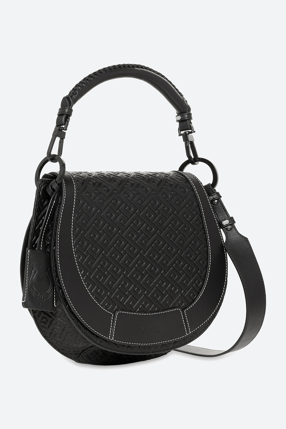 The Lucky Bag, Embossed Leather Saddle Bag in Black