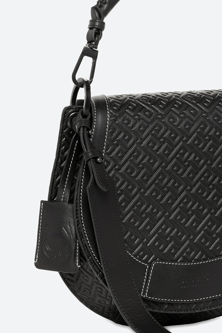 The Lucky Bag, Embossed Leather Saddle Bag in Black