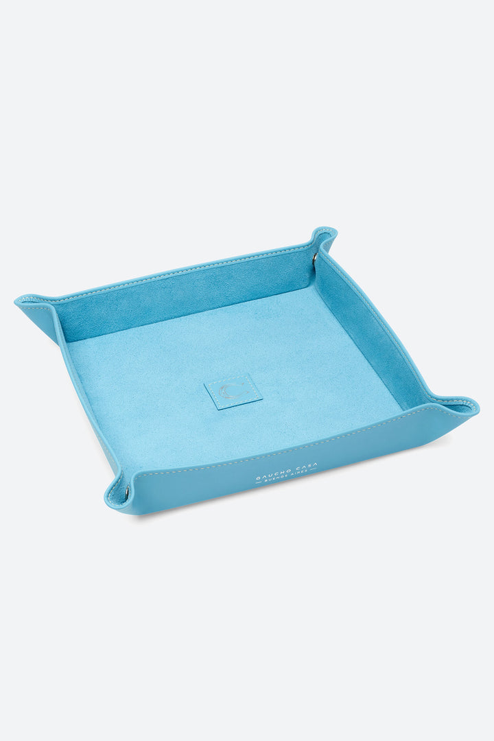 Large Square Leather Valet Tray in Light Blue