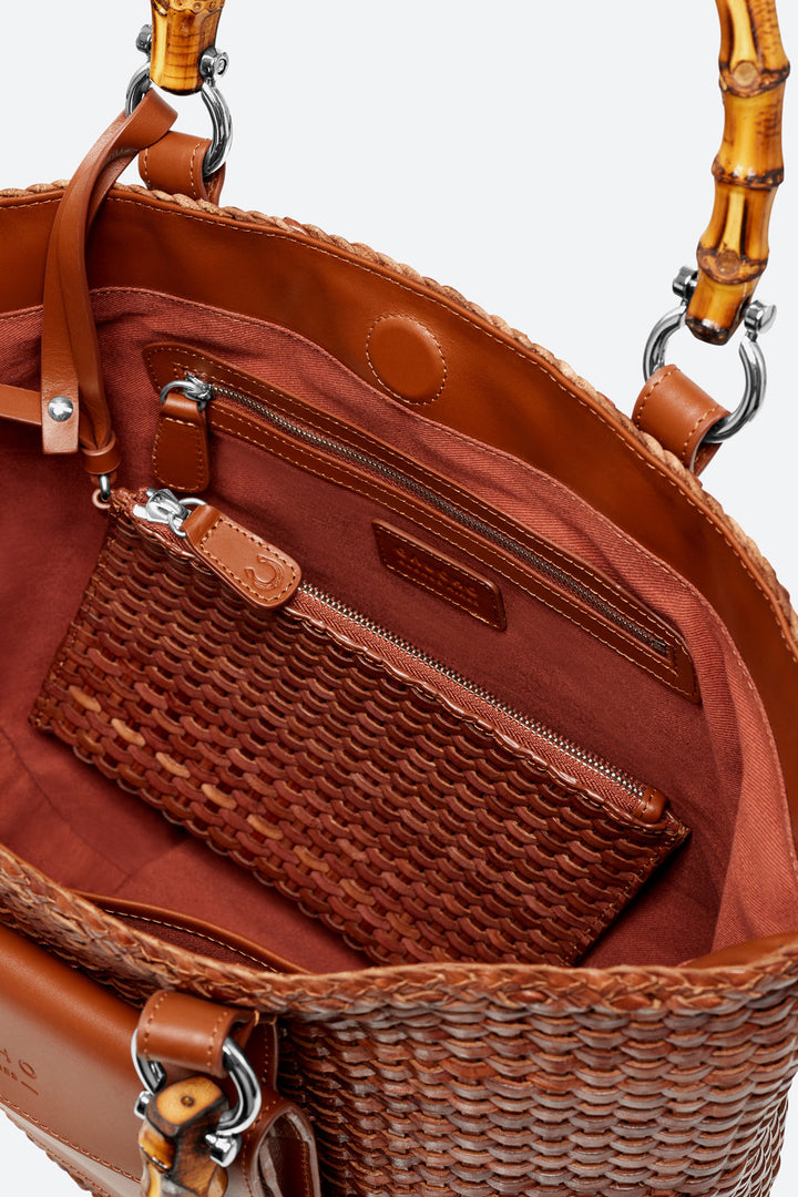 Maria Woven Leather Basket Bag in Cognac