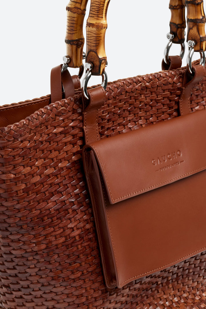 Maria Woven Leather Basket Bag in Cognac