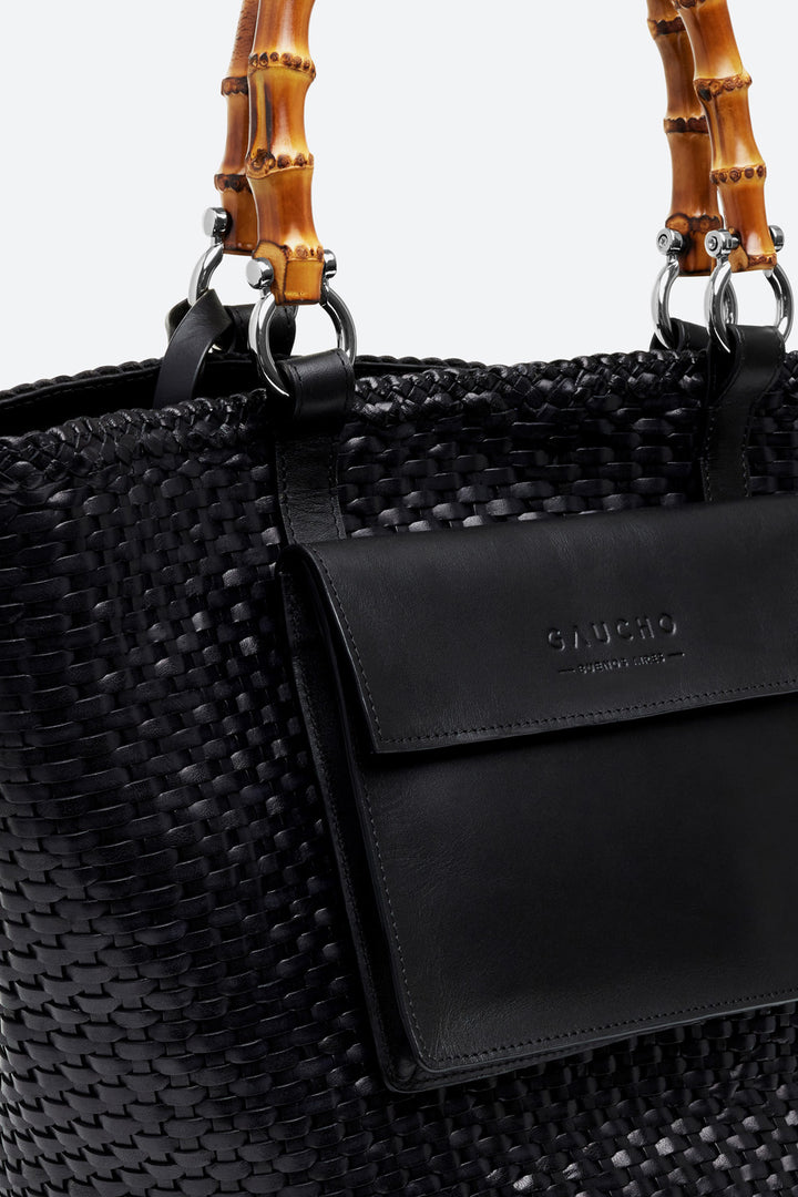 Maria Woven Leather Basket Bag in Black