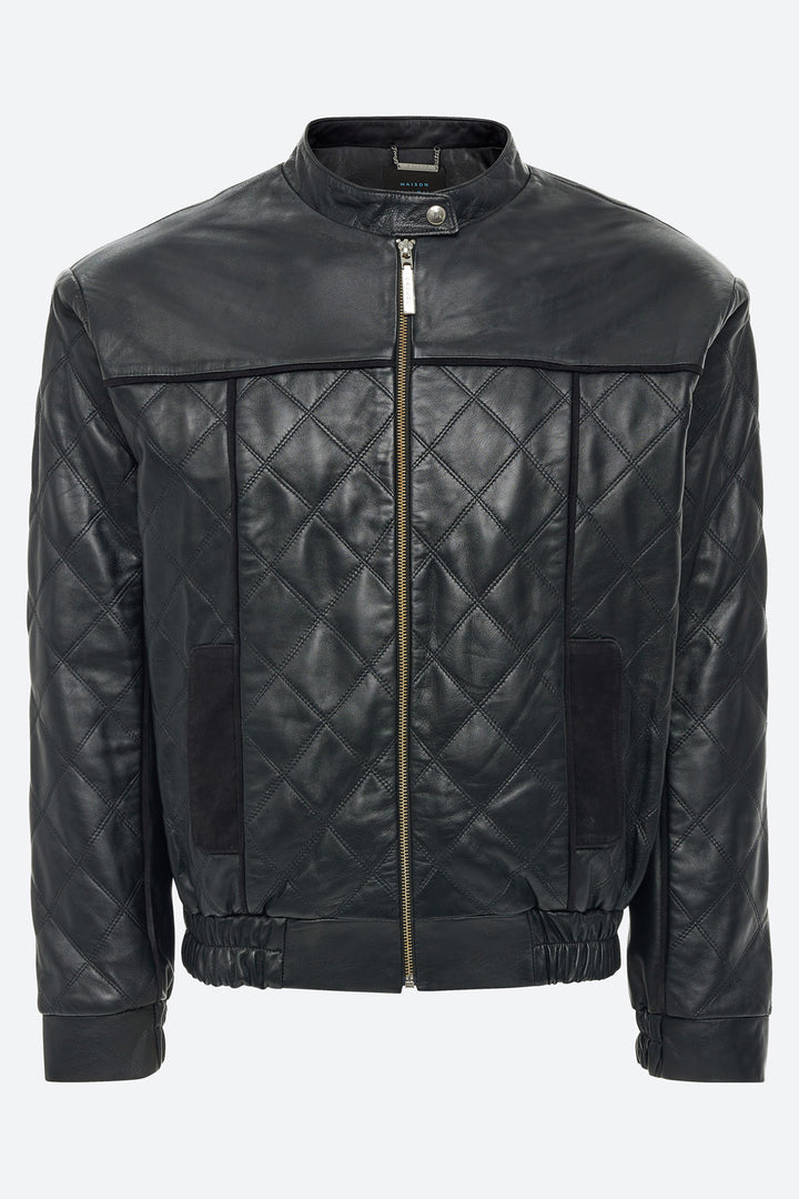 Saturnino Quilted Sheepskin Bomber Jacket in Black