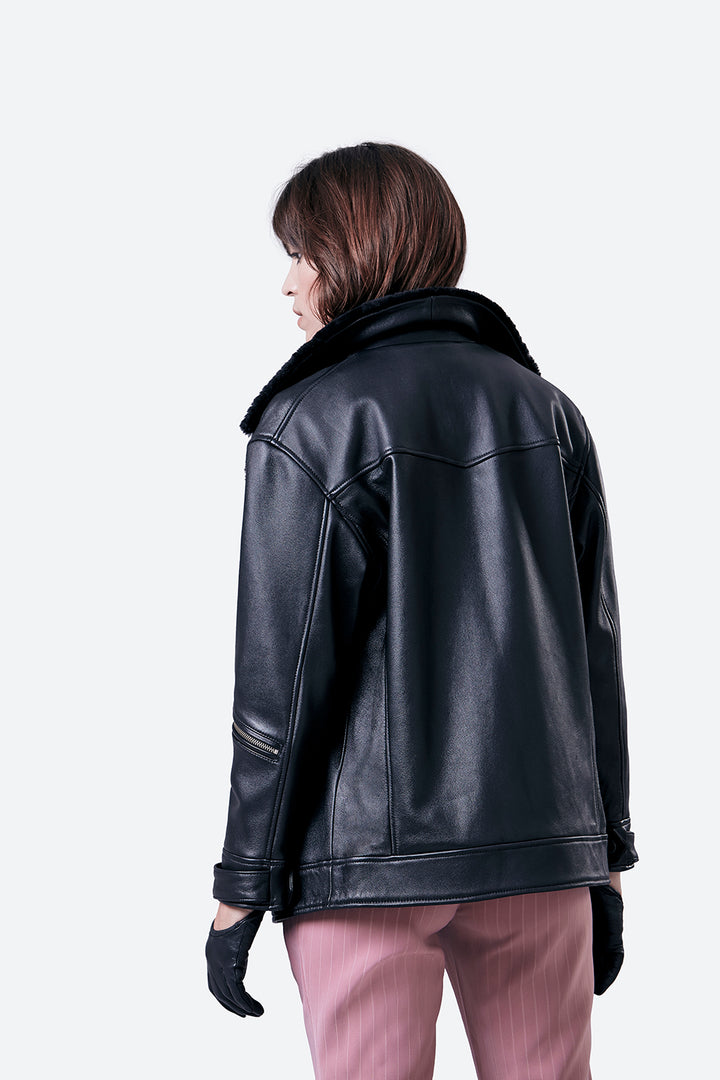 Woman models the Lavalle Shearling Collar Jacket in Black