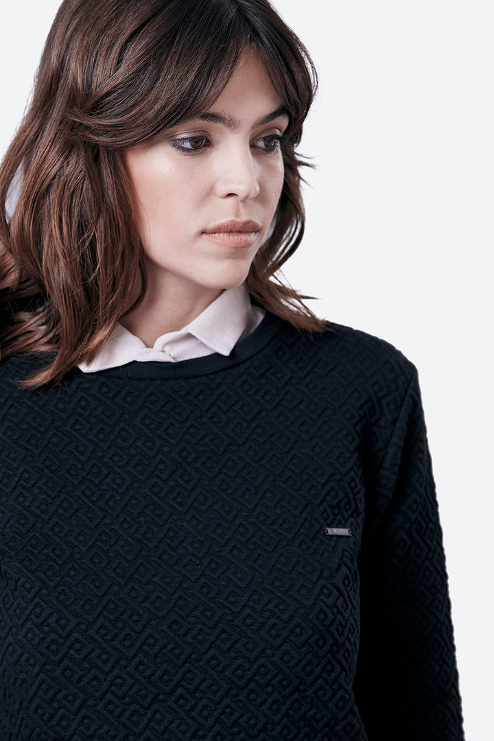 Woman wearing the Laprida Gaucho Pattern Sweatshirt in Black