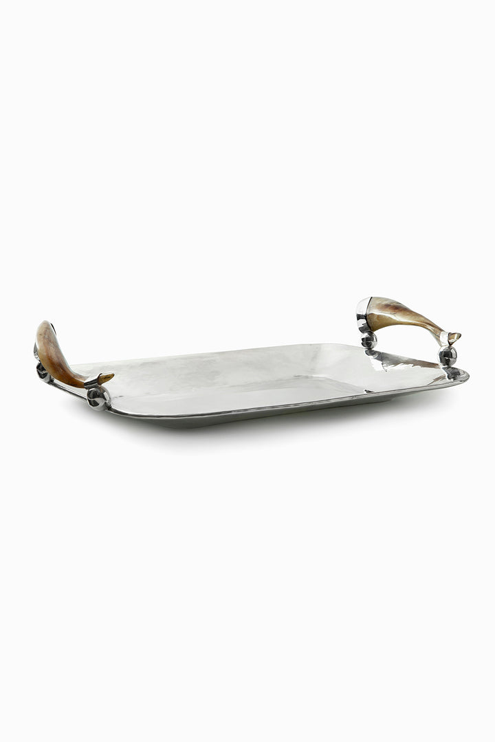 Olivos Rectangular Medium Tray, Brown Horn, Polished Silver