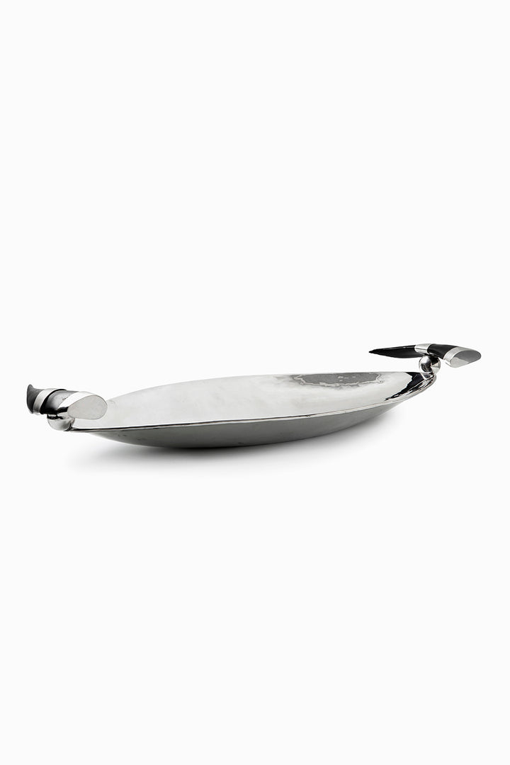 Olivos Oval Tray, Black Horn, Polished Silver