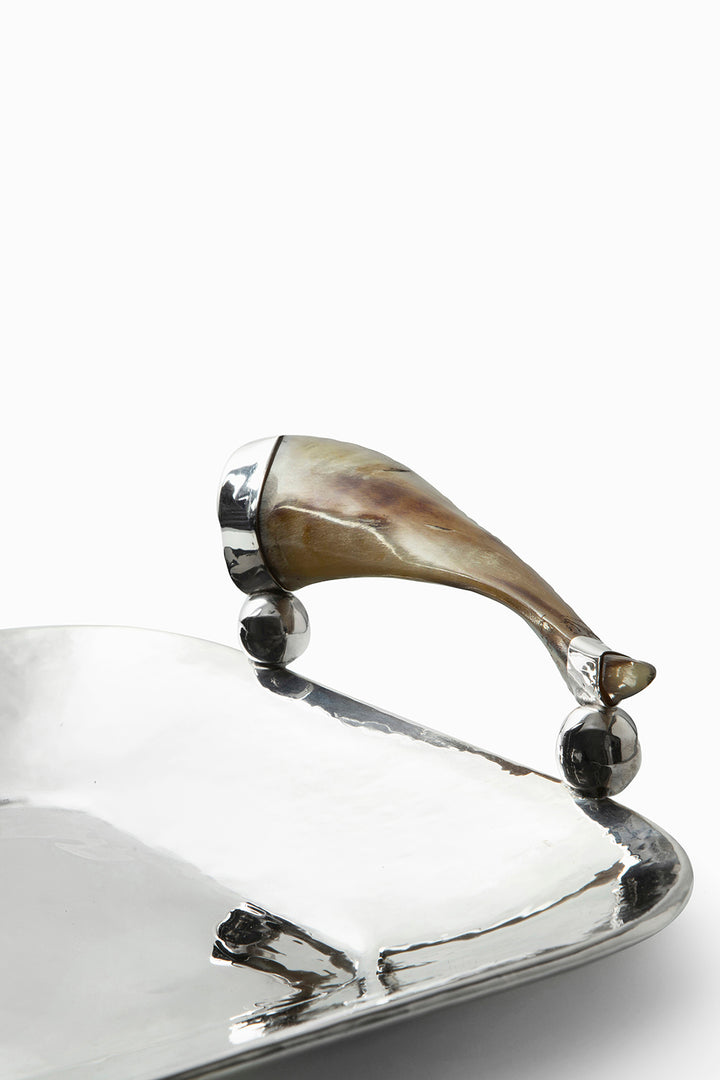 Olivos Rectangular Medium Tray, Brown Horn, Polished Silver