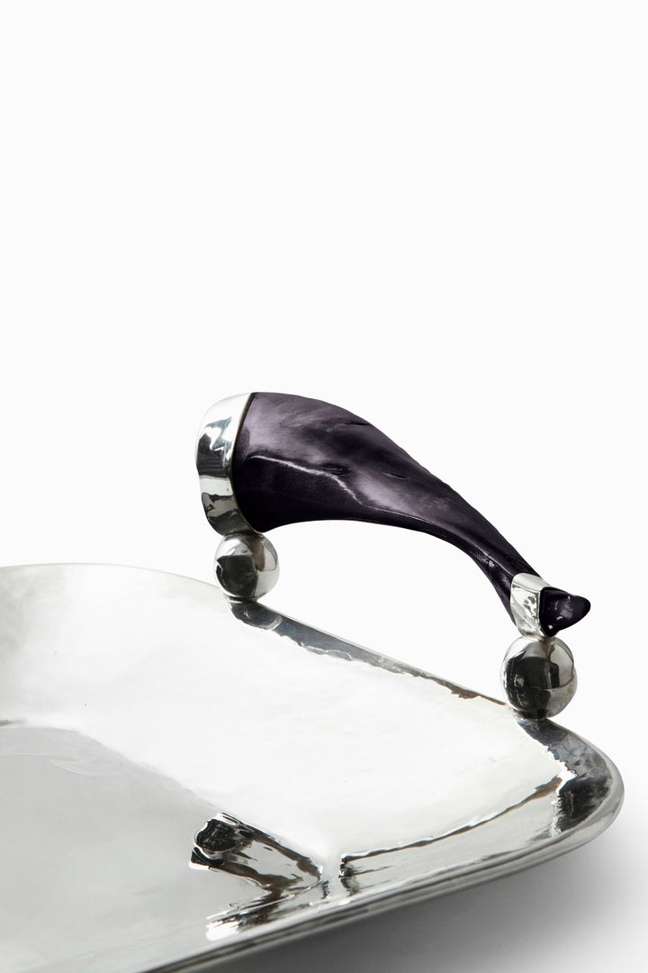 Olivos Rectangular Medium Tray, Black Horn, Polished Silver