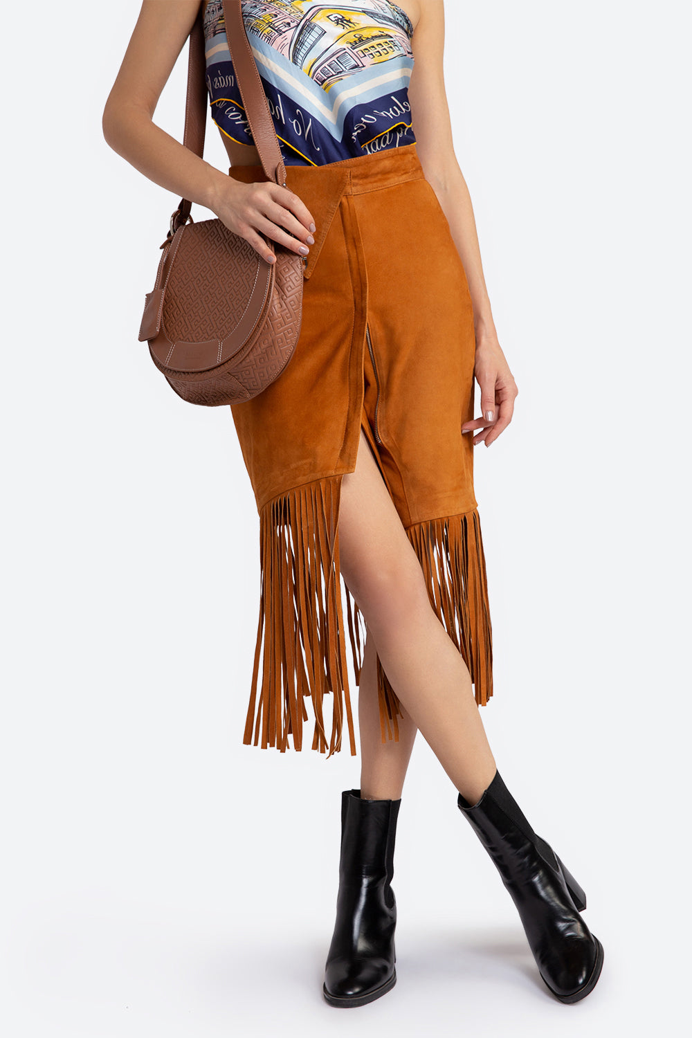 Antonia Suede Fringed Skirt in Tan