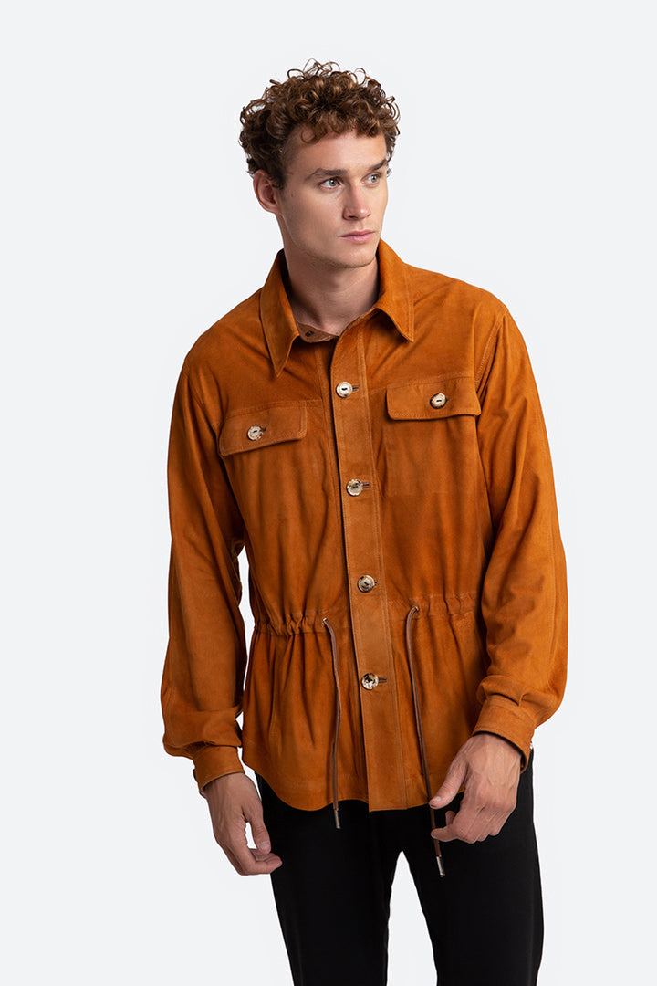 Sandro Suede Overshirt in Cognac