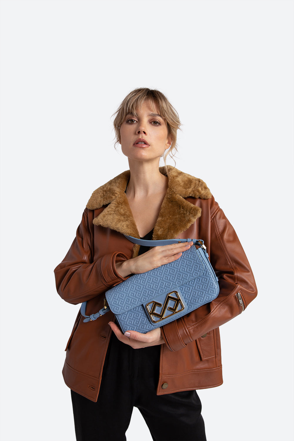 Malvina Leather Baguette Handbag in Light Blue, with Polished Gold-toned Hardware