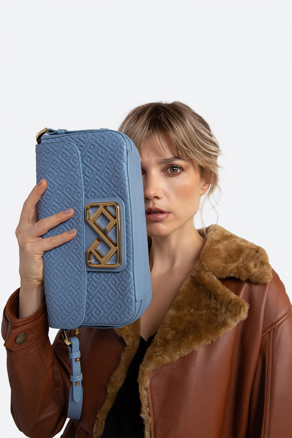 Malvina Leather Baguette Handbag in Light Blue, with Polished Gold-toned Hardware