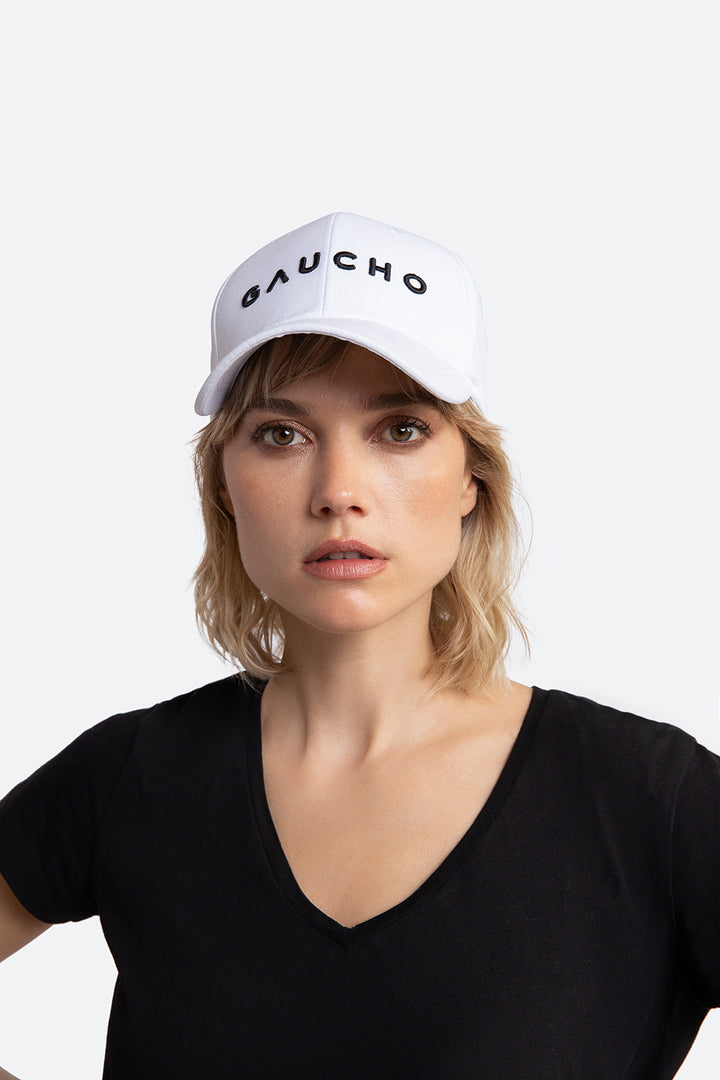 Iconic Gaucho Cap in White with Black Embroidery