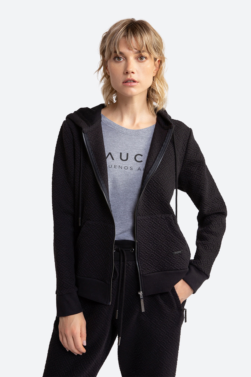 Women wearing Alsina Gaucho Pattern Zip Hoodie in Black