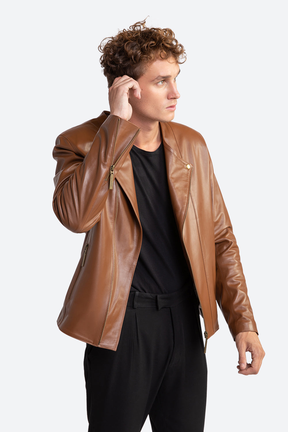 Flavio Leather Biker Jacket in Brown