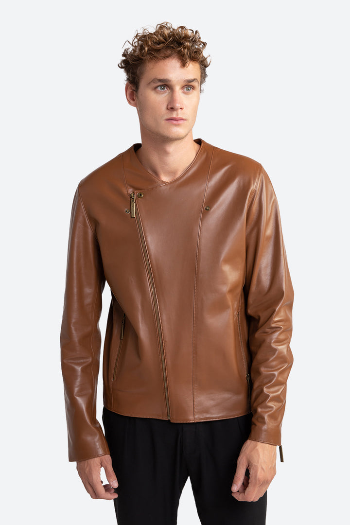Flavio Leather Biker Jacket in Brown
