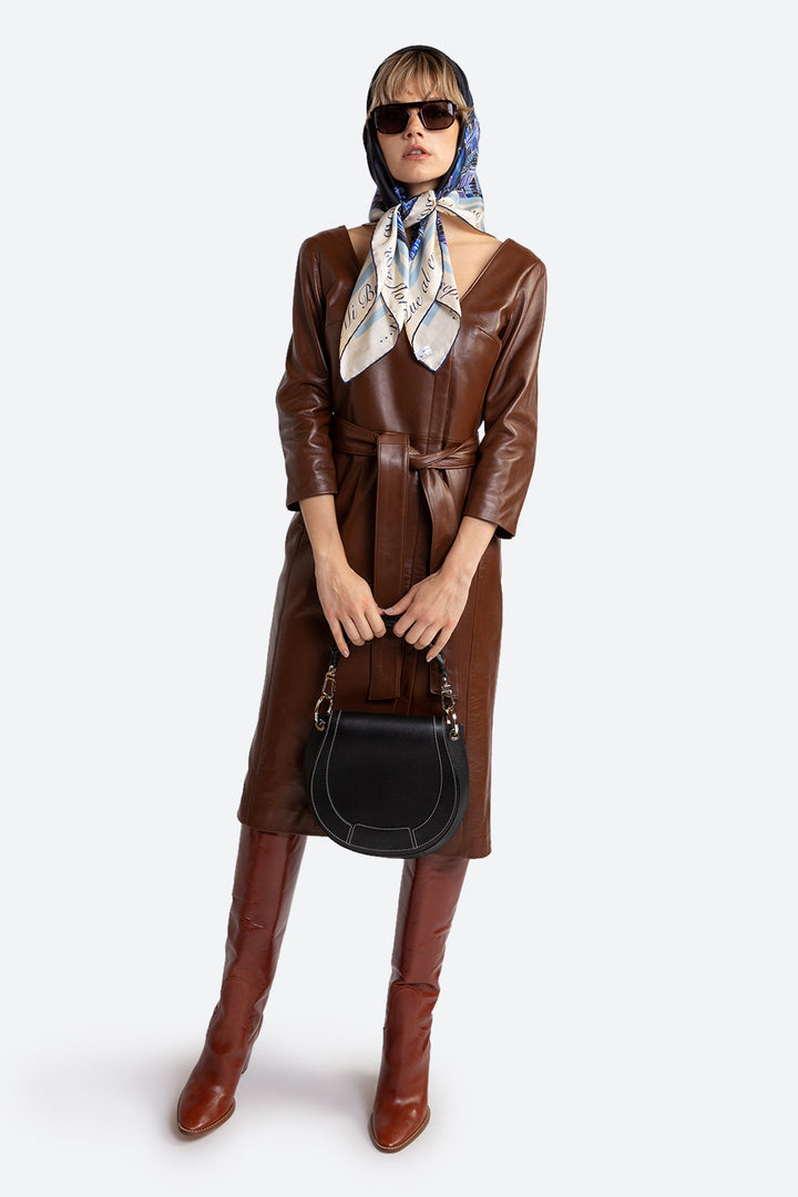 Mabel Belted Leather Midi Dress in Chocolate