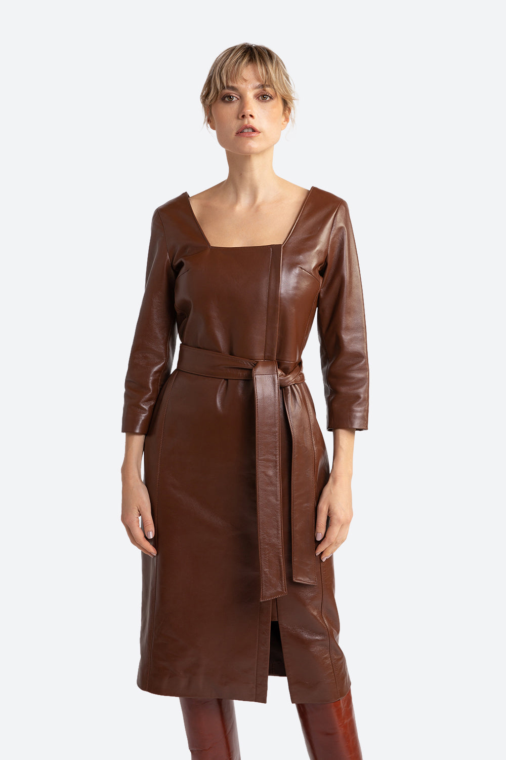 Mabel Belted Leather Midi Dress in Chocolate