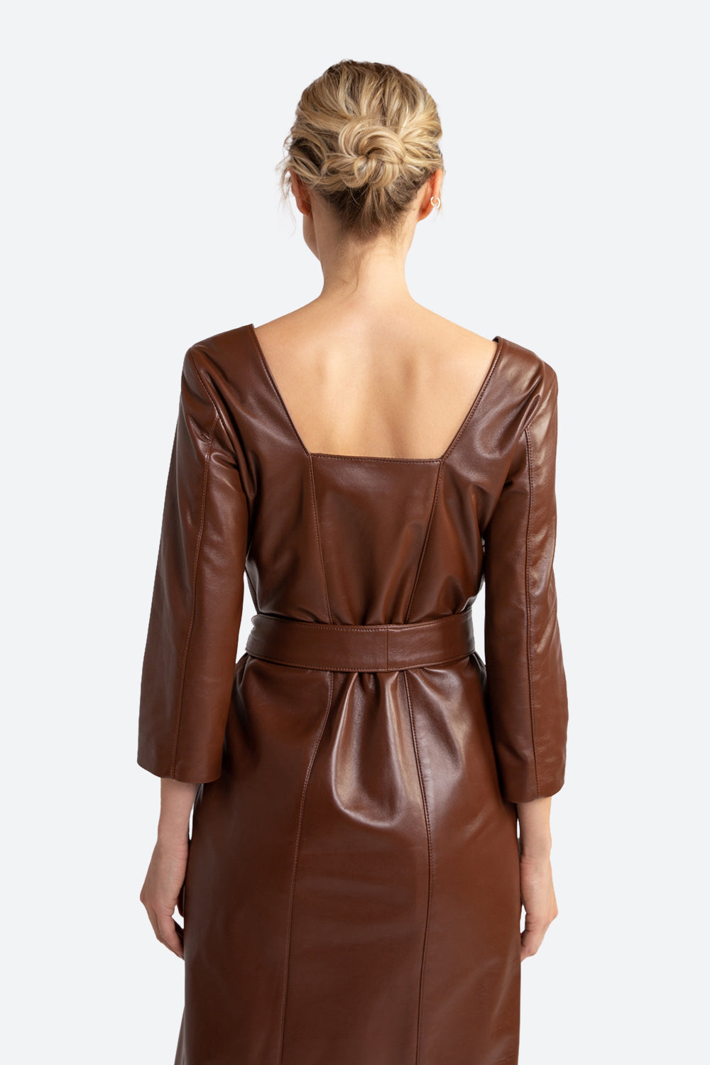 Mabel Belted Leather Midi Dress in Chocolate S Mabel Belted Leather Midi Dress in Chocolate S