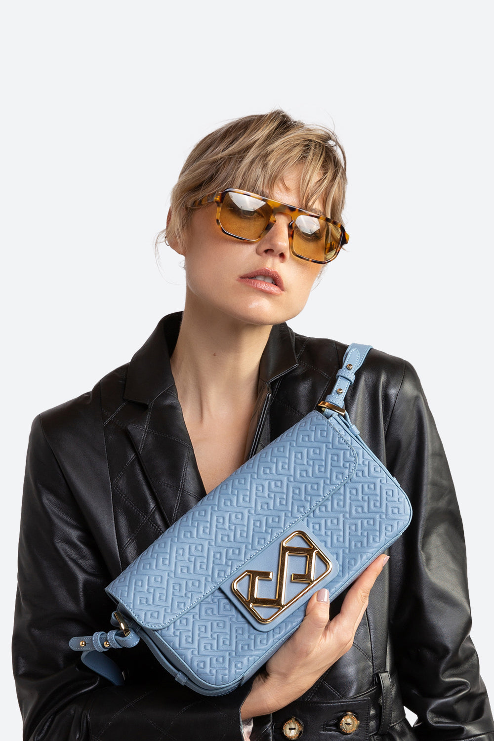 Malvina Leather Baguette Handbag in Light Blue, with Polished Gold-toned Hardware