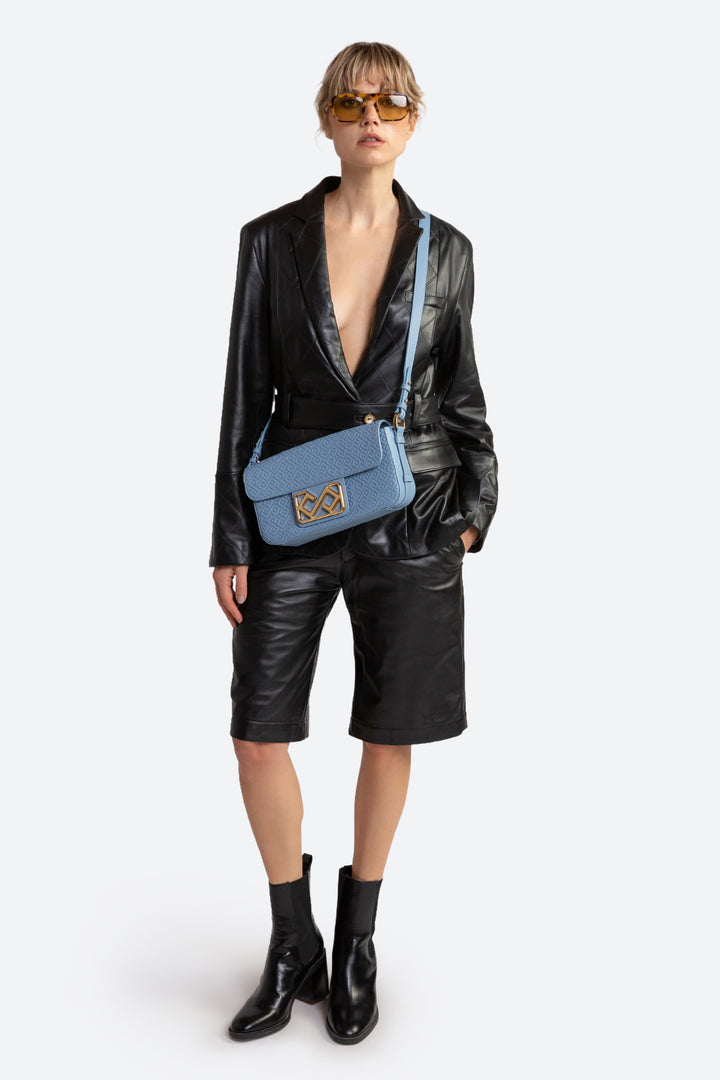 Malvina Leather Baguette Handbag in Light Blue, with Polished Gold-toned Hardware