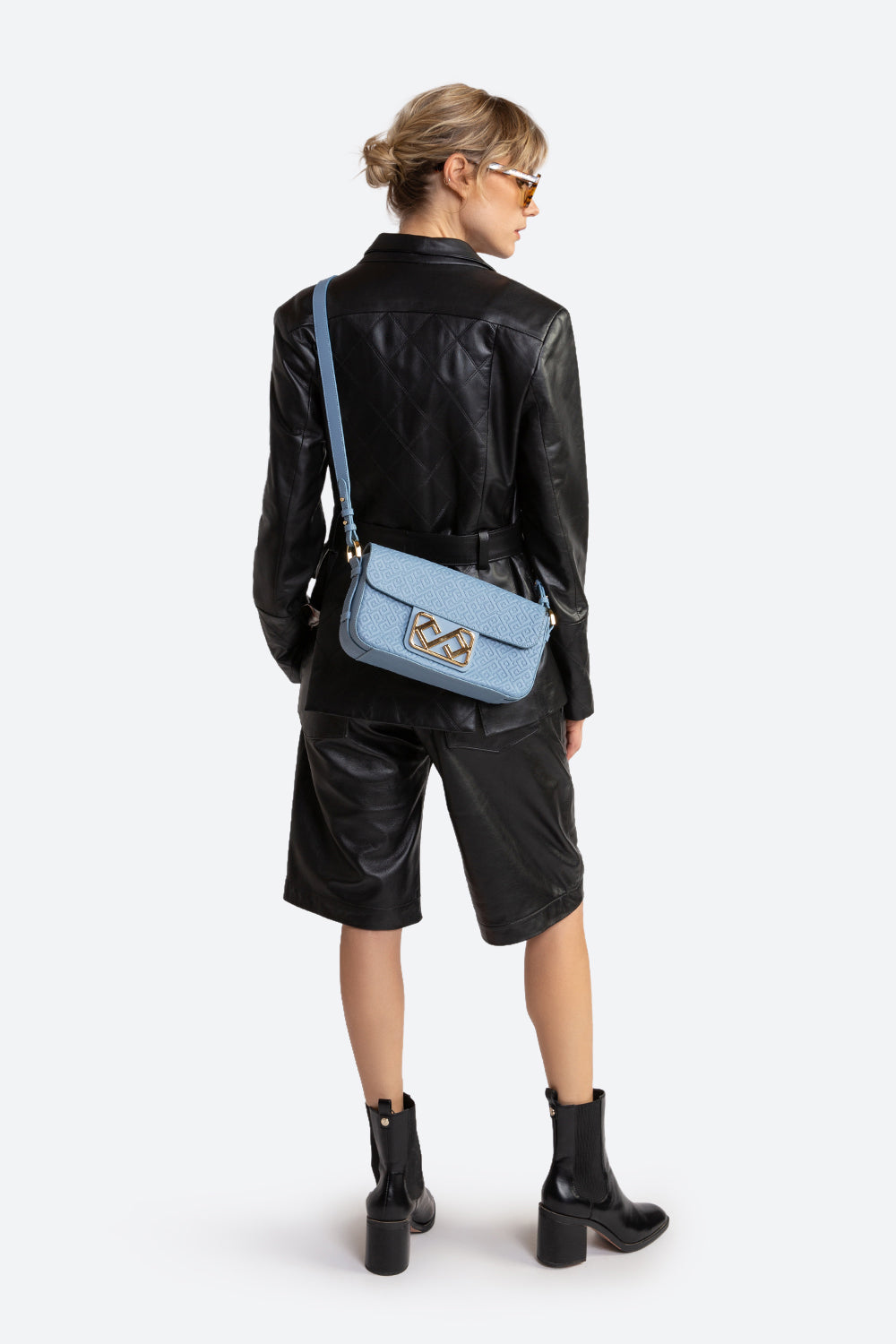 Malvina Leather Baguette Handbag in Light Blue, with Polished Gold-toned Hardware