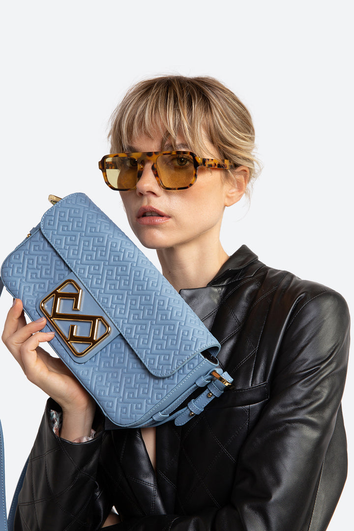 Malvina Leather Baguette Handbag in Light Blue, with Polished Gold-toned Hardware