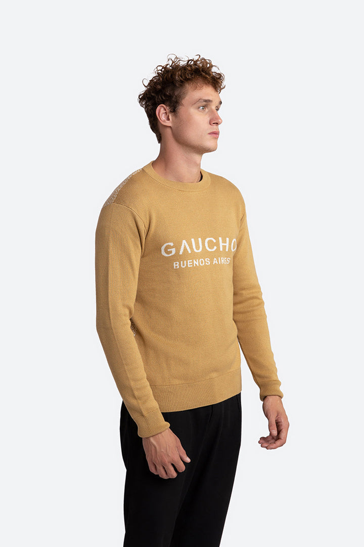 Ivo Cotton Knit Logo Back Sweater in Camel and Off-White