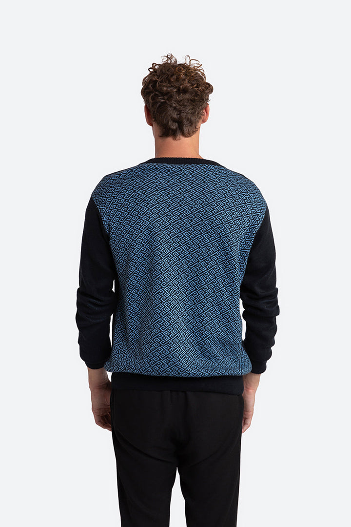 Ivo Cotton Knit Logo Back Sweater in Black and Light Blue