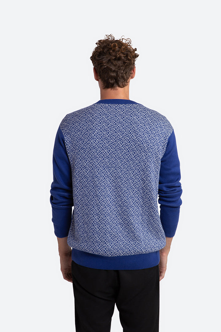 Ivo Cotton Knit Logo Back Sweater in Blue and Off-White