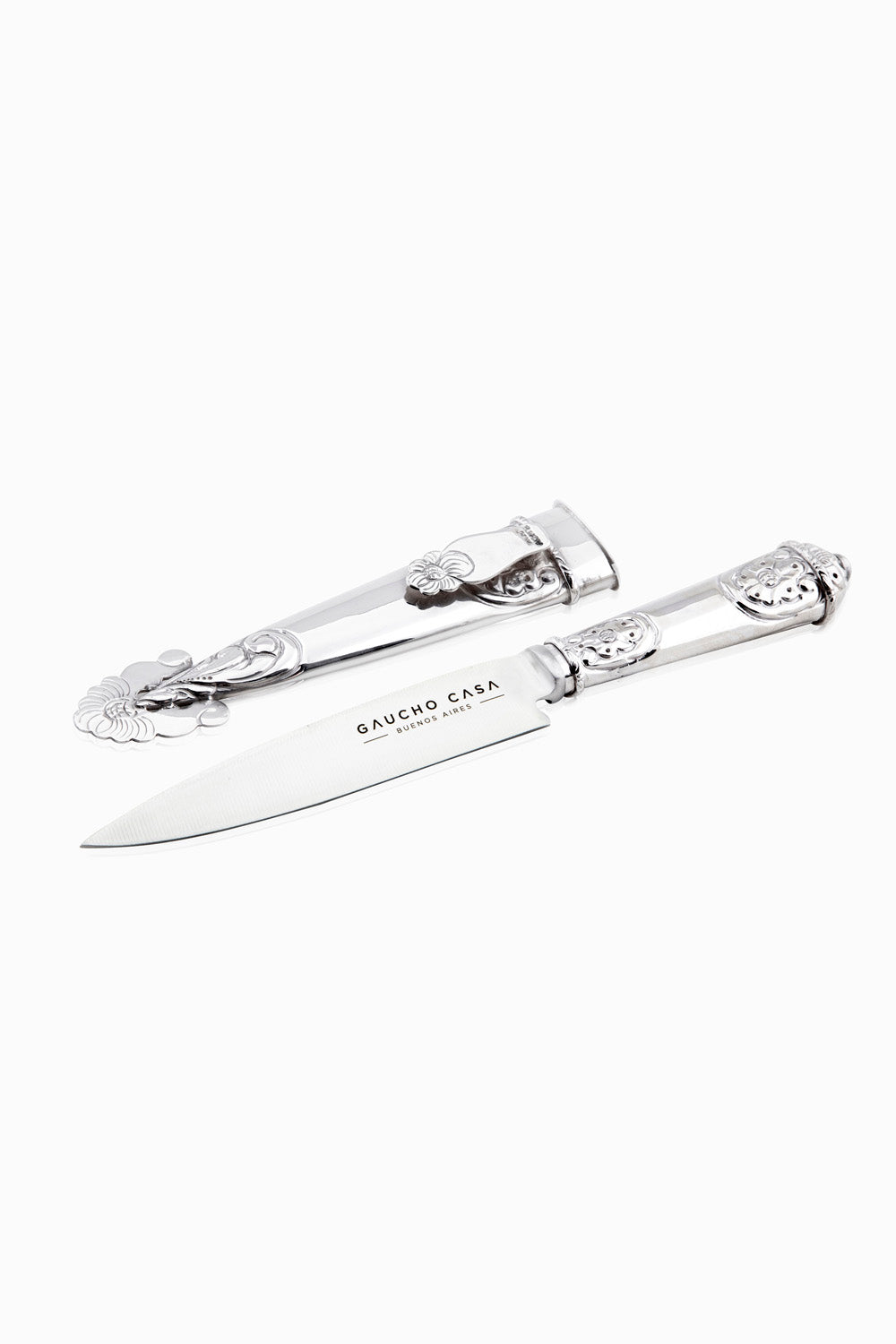 Luxury Tandil Knife With Ceibo Flower Adorned Silver Coated Handle and Sheath