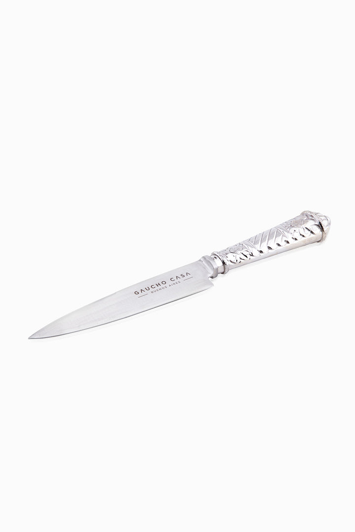 Luxury Tandil Knife with Simple Ceibo Flower Motif Silver Coated Handle and Sheath