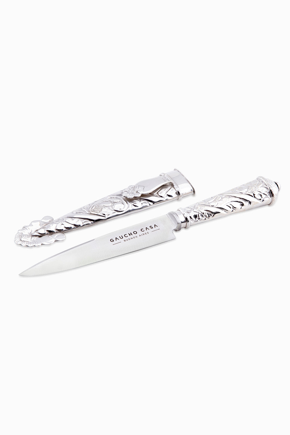 Luxury Tandil Knife With Ceibo Flower and Spiral Adorned Silver Coated Handle and Sheath