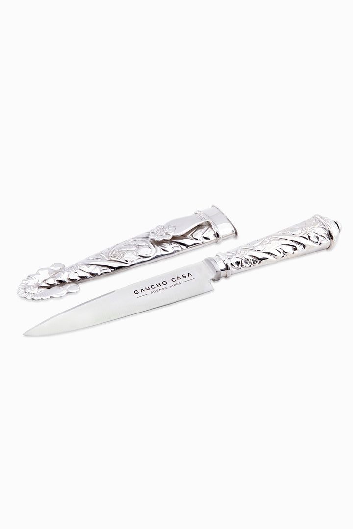 Luxury Tandil Knife With Ceibo Flower and Spiral Adorned Silver Coated Handle and Sheath